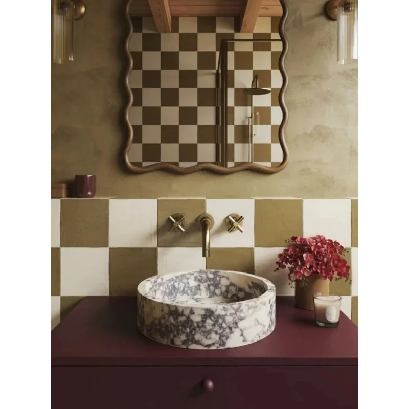Italian minimalist natural marble round washbasin countertop bathroom toilet room, washroom, sink, grooming station, custom-mad