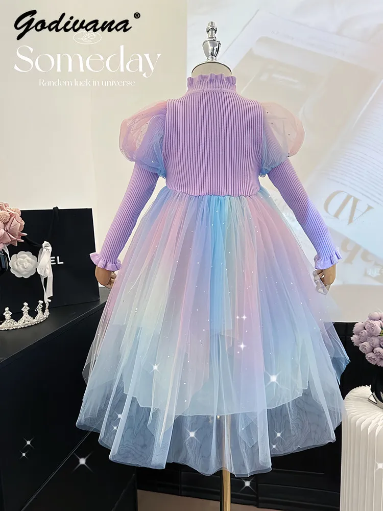 Sweet Baby Girls 2026 Spring and Autumn New Long Sleeve Mermaid Princess Dress Kids Thickened Knit Mesh Patchwork Gradient Gown