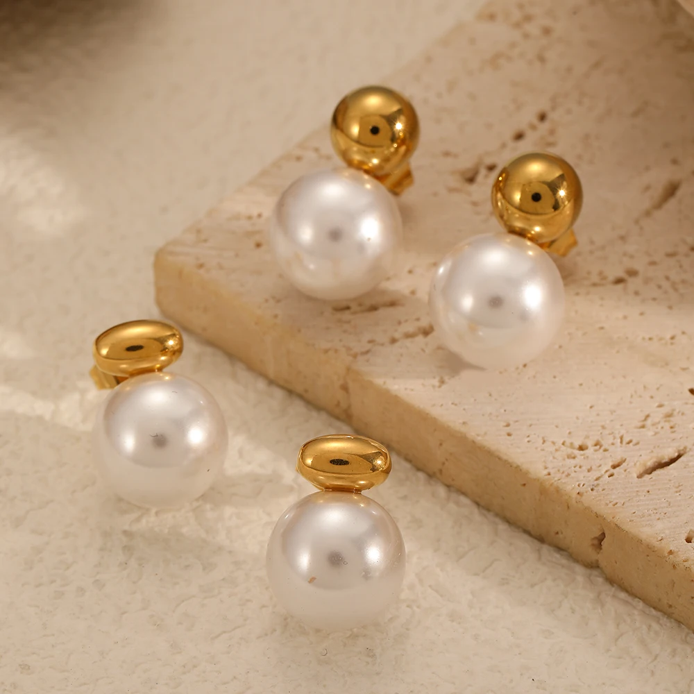 TD Stainless Steel Metal Ball Hang Pearl Stub Earring 18K Gold Plated Women's Classic Jewelry Accessories