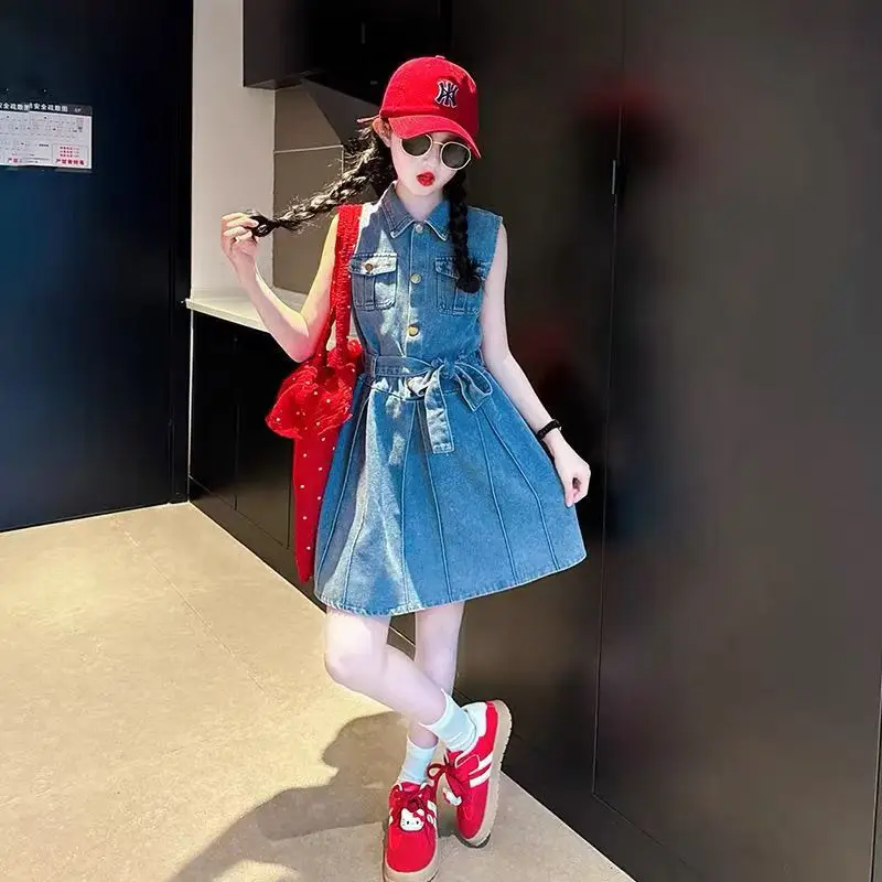2-10 Years Old Summer Girls Denim Dress Fashion Sleeveless Lapel Collar Princess Dress For Kids Children Custom Dresses