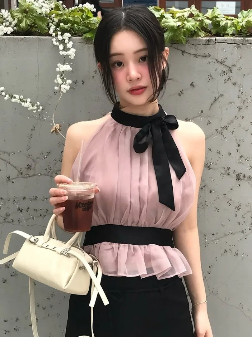 

Ele Summer New Sle Ins Name Lady Sle Knot Tie Waist Шифоновая блузка из полиэфирного волокна 00% плиссированный жилет irt