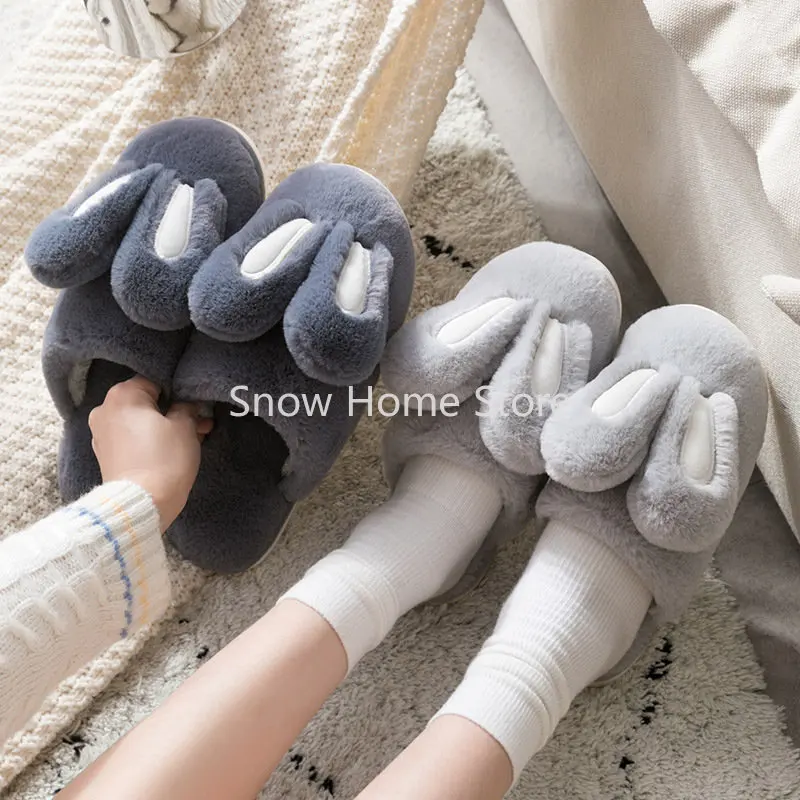 2022 New Cotton Slippers Men\'s And Women\'s Cute Cartoon Rabbit Ears Couple Plush Men Winter Home Household Slippers