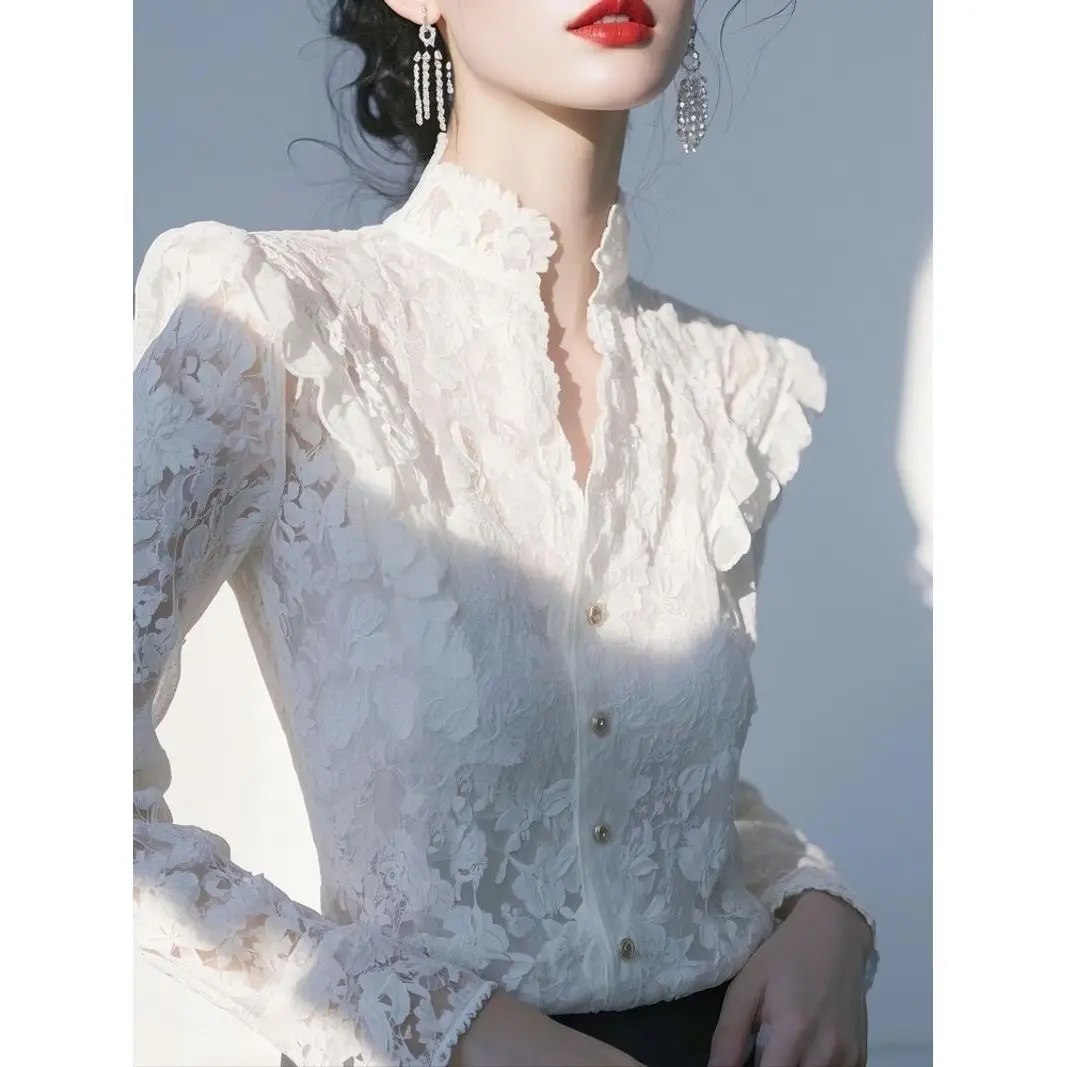 

Ele Lace irt Women's Gentle Sweet Sle Long Sve Stand Collar Button down Floral Print Busin Casual Spring Autumn