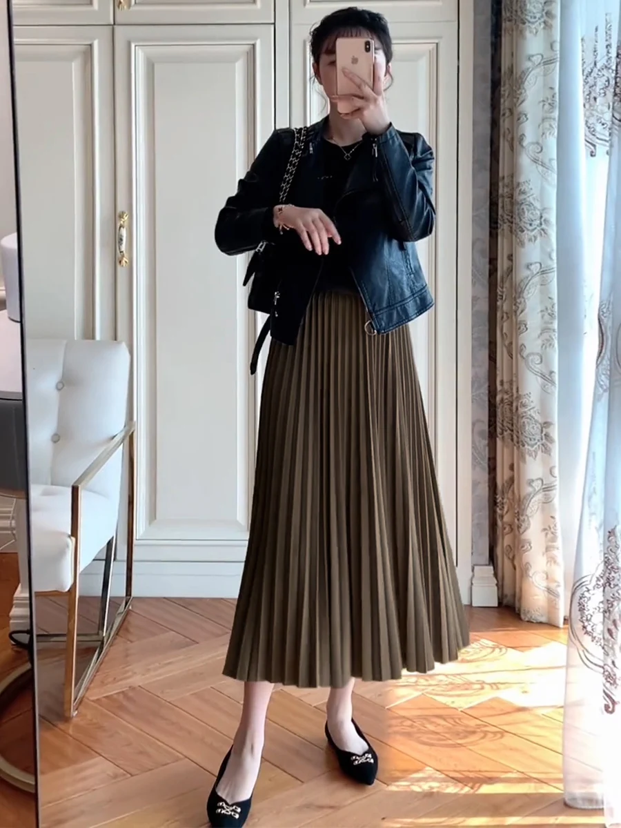 2026 Eleganter Hochtaillierter Plissierter Rock für Damen Mittellanger Midirock Hochwertiger Schwarzer Saia – Detail 3