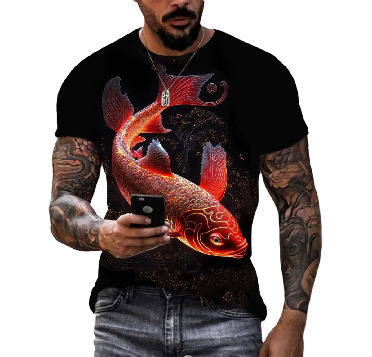 Men's Latest Style Harajuku Koi 3D Printed Cool T-shirt Hip Hop Short Sleeve Summer Top Animal Fashion Hot Selling O-neck Shirt