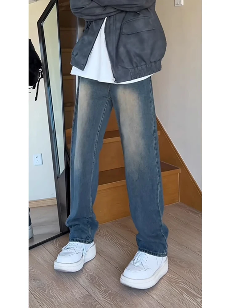 

American Waed Vintage Straight Leg Jeans Men's Spring Autumn adient Slimming Long Casual Trendy Jeans Cotton Blend