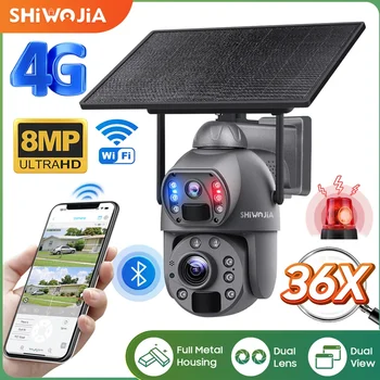 מצלמת סולארית SHIWOJIA 36X ZOOM 8MP 4G SIM לחוץ 360 °   מצלמות אבטחה אלחוטיות עם סוללת WIFI ופאנל סולארי עם ראיית לילה PIR
