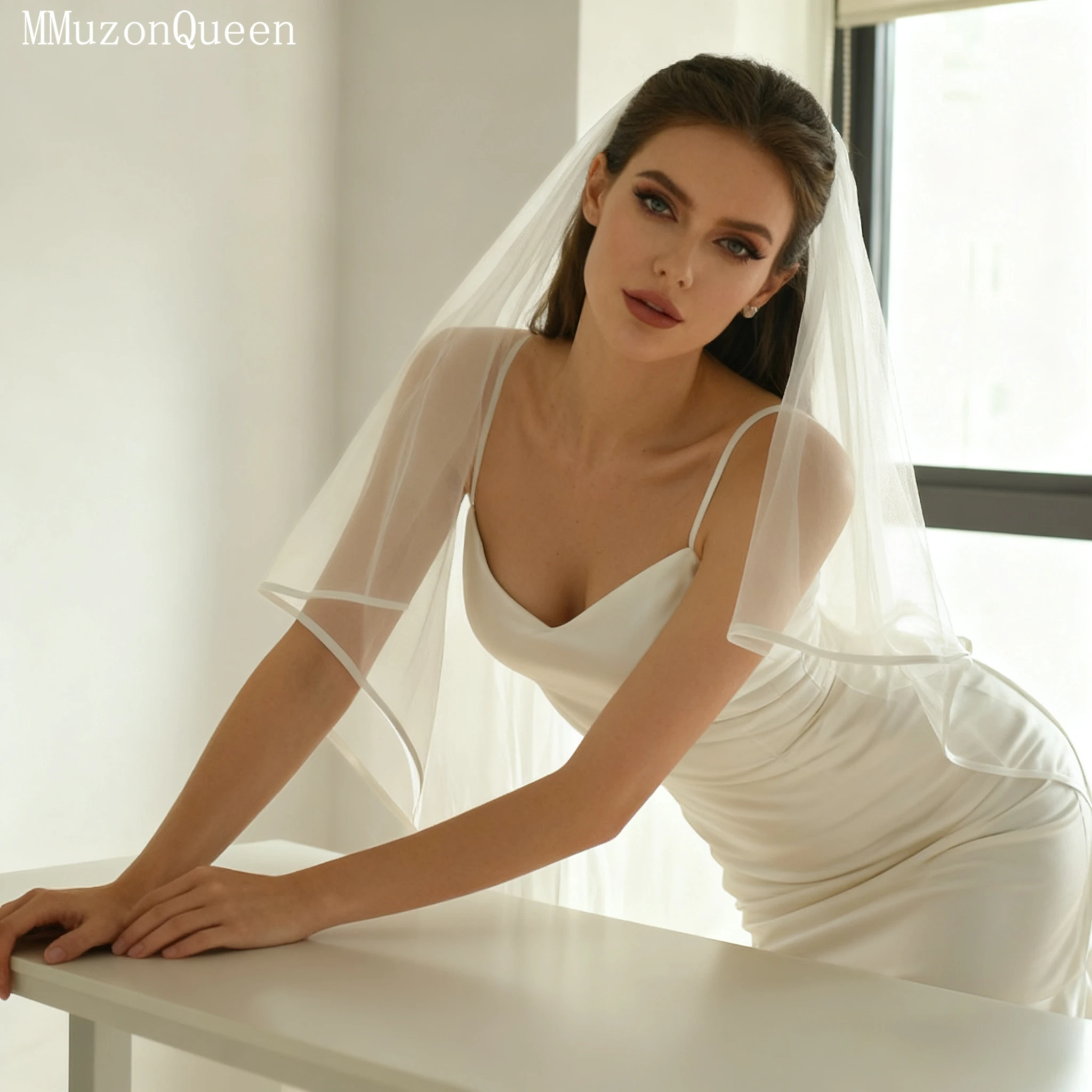 TOPQUEEN V97 حجاب الزفاف 2-Layer الشريط حافة طرحة الزفاف مع مسحوق أحمر الخدود اكسسوارات الزفاف الحجاب الطويل للتخصيص