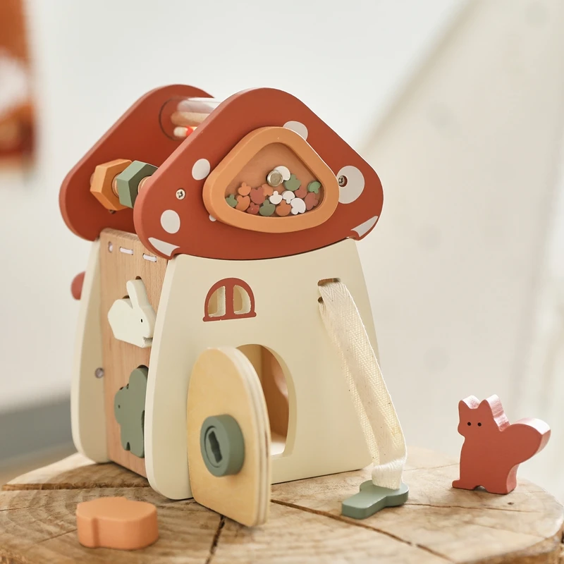 

Wooden Building Block For Babies Music Percussion Game Newborn Education Mushroom House 5 in 1 Cartoon Animal Shape Matching Toy