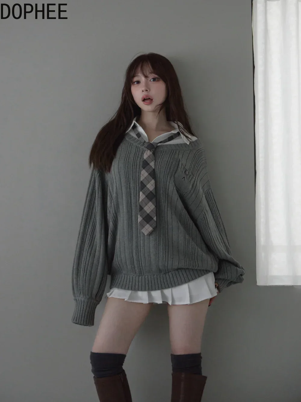 

Японские осенне-зимние белые рубашки средней длины с отложным воротником и длинными рукавами, элегантный женский вязаный пуловер с v-образным вырезом, свитер, топы