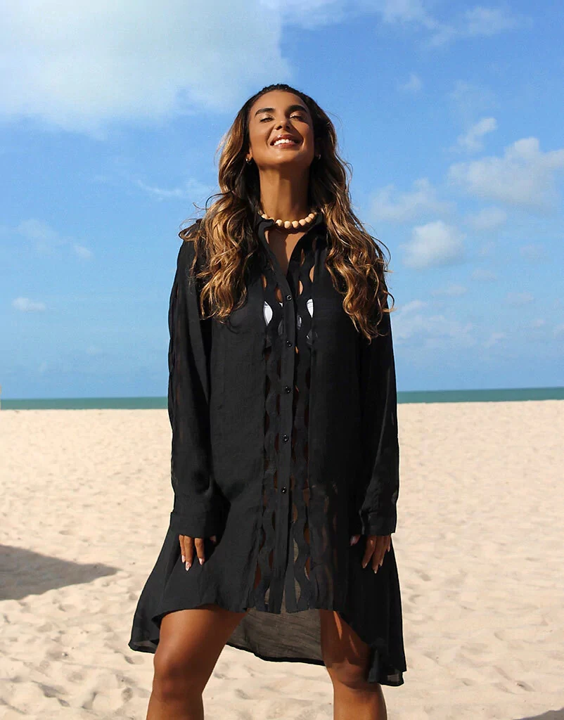 New Sexy Lapel Cut Out Beach Cover Ups Women`s Swimwear 2024 Swimsuit Female Bathing Suit Beach Wear Dresses For Women T-shirt