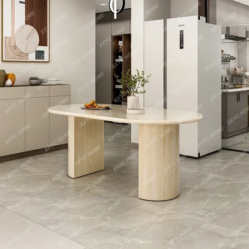 

02 Travertine dining table natural marble household oval modern simple, small apartment retro restaurant
