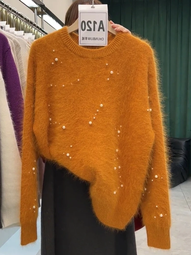 

Шикарный вязаный свитер для женщин: мягкий, объемный, модный дизайн, белый, подчеркивающий фигуру, осенне-зимний, корейский стиль, с длинными рукавами, круглый вырез.