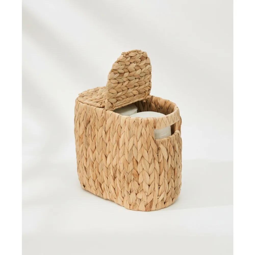 

Natural Woven Toilet Paper Basket with Lid, Slim Storage Holder for 4 Mega Rolls, Bathroom Organizer with Handles