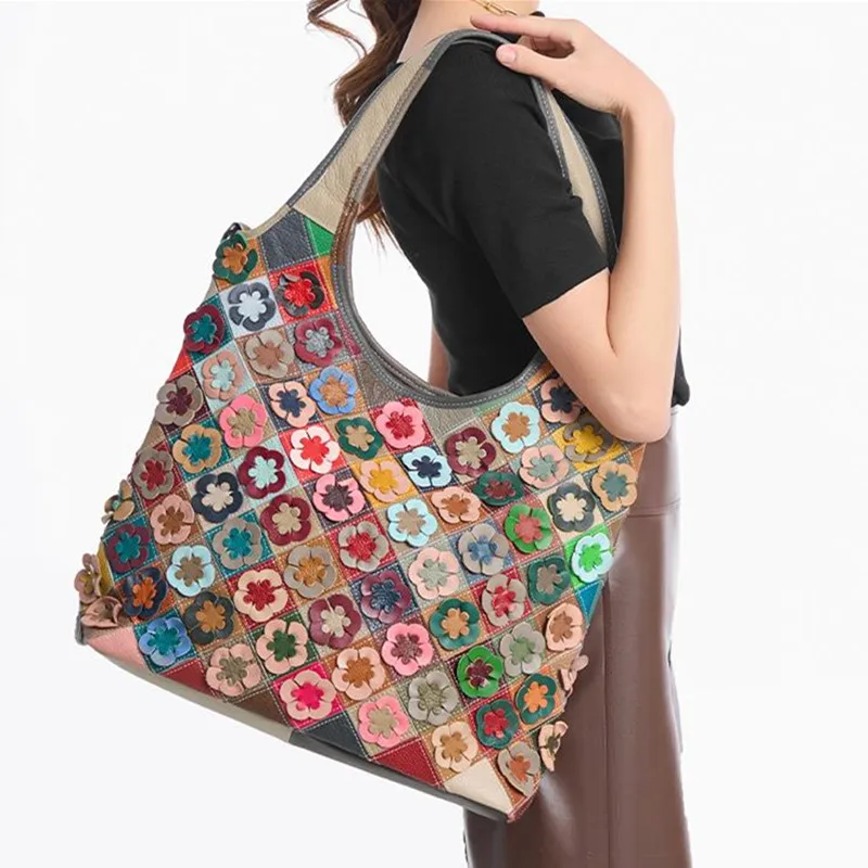 

2025 New High-quality Leather Women Handbags Cowhide Tote Bag With Floral Color-blocking Casual Single-shoulder Crossbody Bag