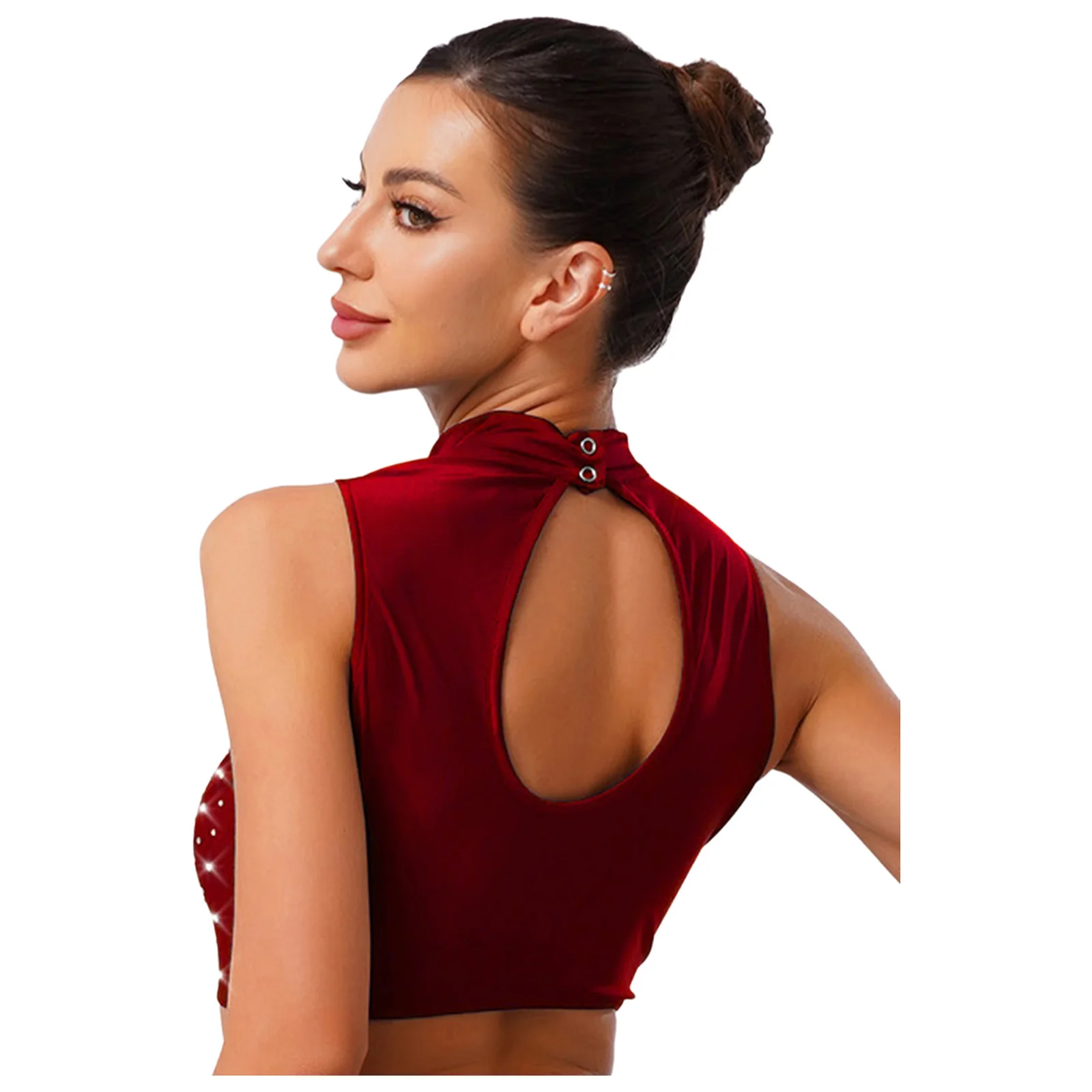 Haut court de danse lyrique pour femmes, sans manches, ajouré, paillettes scintillantes, broderie appliquée, Costume de danse pour danse classique, valse