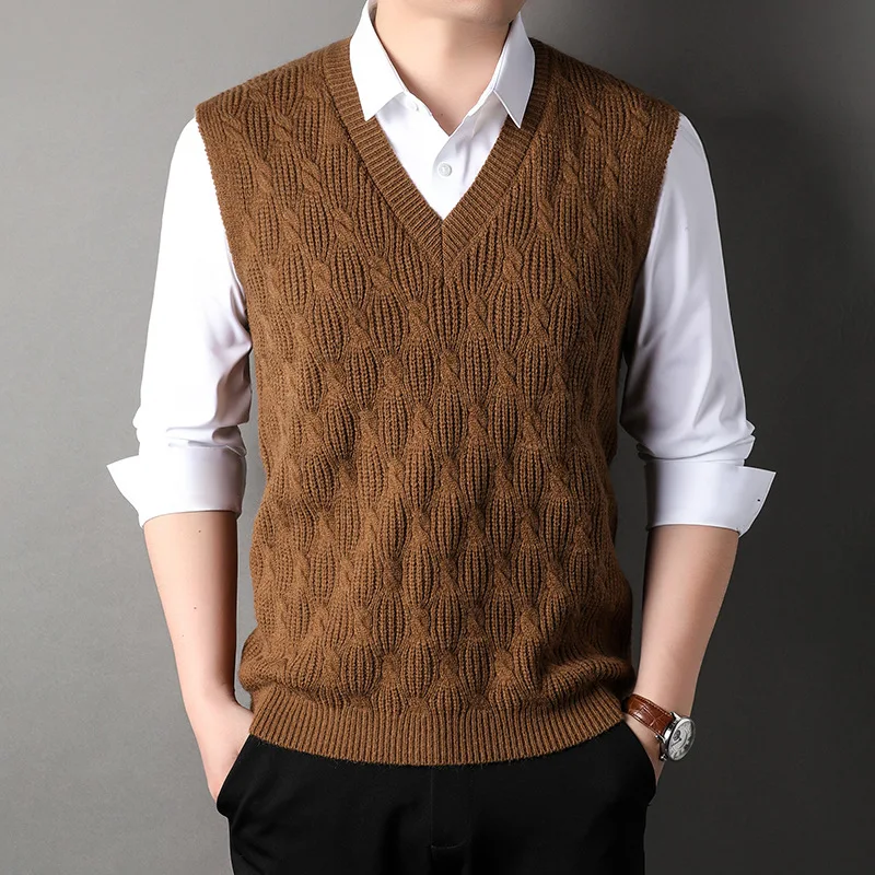 

V Neck Warm Sweater Man Solid Color Knit Vests for Men Thick Waistcoat Top Open Korean Style Knitwear Woven High Quality