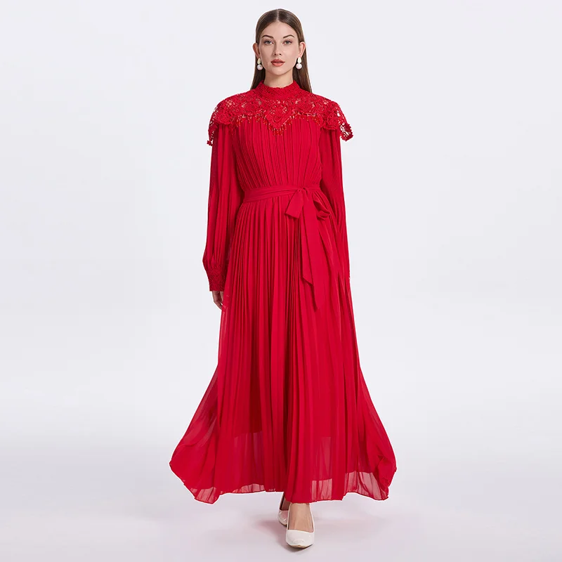 

Elegant Long Skirt Dress Crystal Pendant Heavy Embellishment Gored A-Line Silhouette Stand Collar Waist-Cinching Maxi Dress