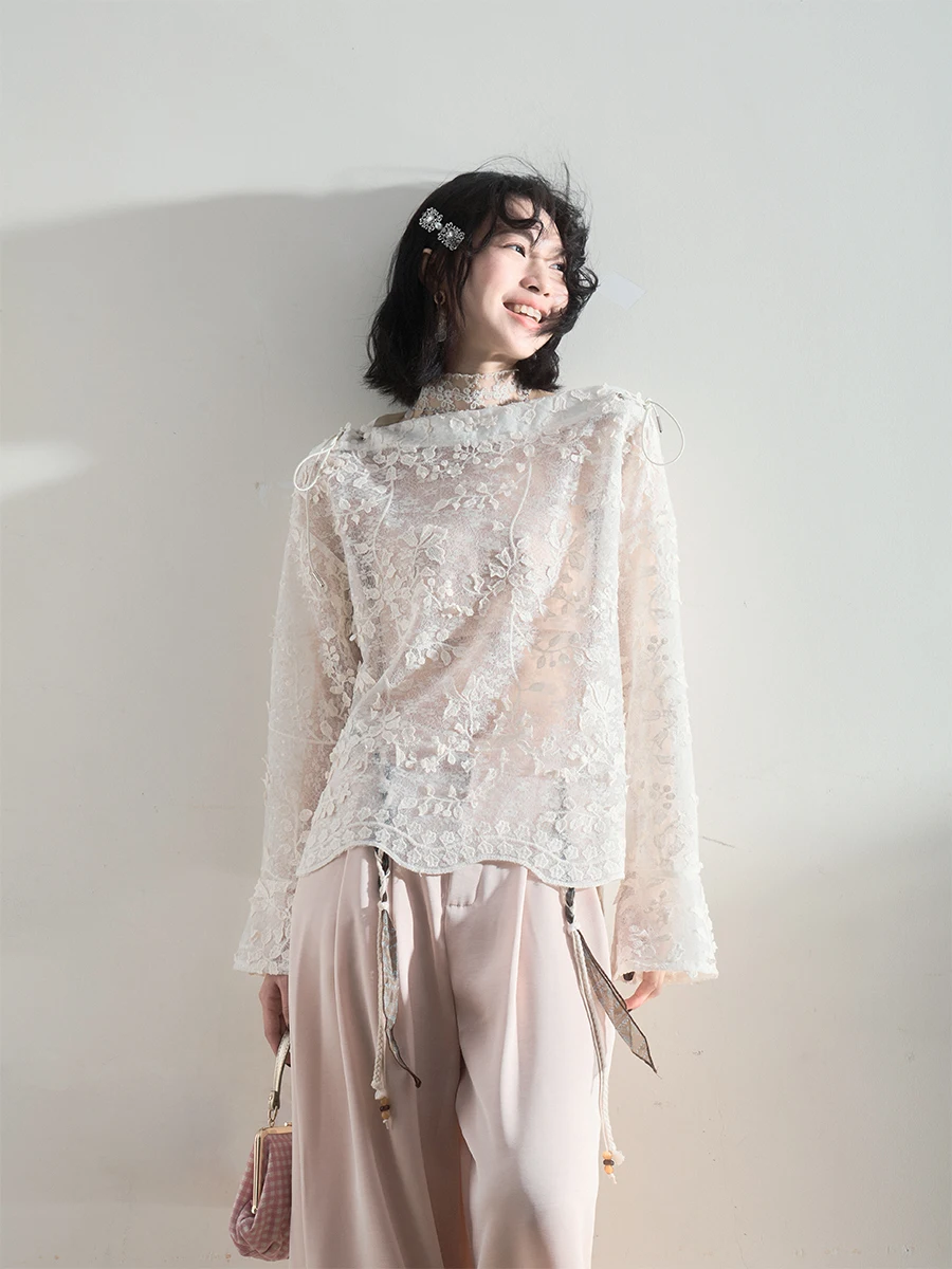 

Liparpa Moonlight Fraance Long Sve Embroidered Lace One oulder Tie Cover up irt Breathable Girl Sle Loose Fit Top