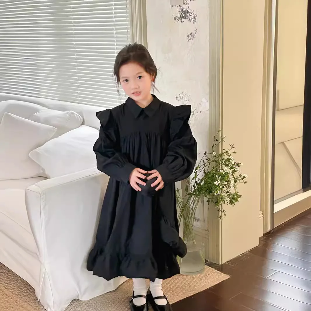 Girls Casual Dresses Children Autumn New Design Sense Easy Dress Girl Black Fashion Senior Long 2024 Simple Black