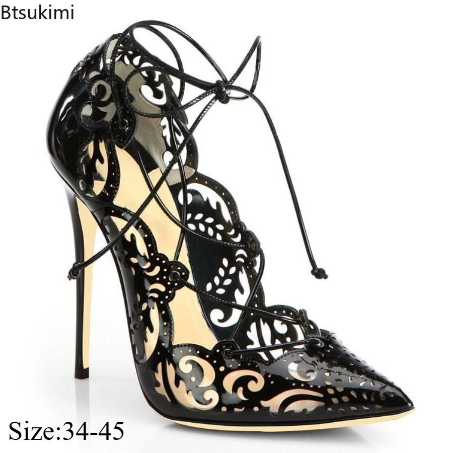 Women's Leather Carved High Heels Hollowed Out Lace Up Pointed Thin High Heels Solid Color Fashionable Elegant Sexy Ladies Shoes
