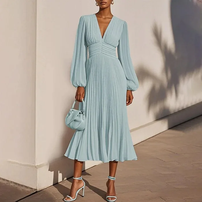 

Dinner Evening Long Dress 2026 Spring Women Dress Pleated Elegant Dress Female Solid V Neck Clothing