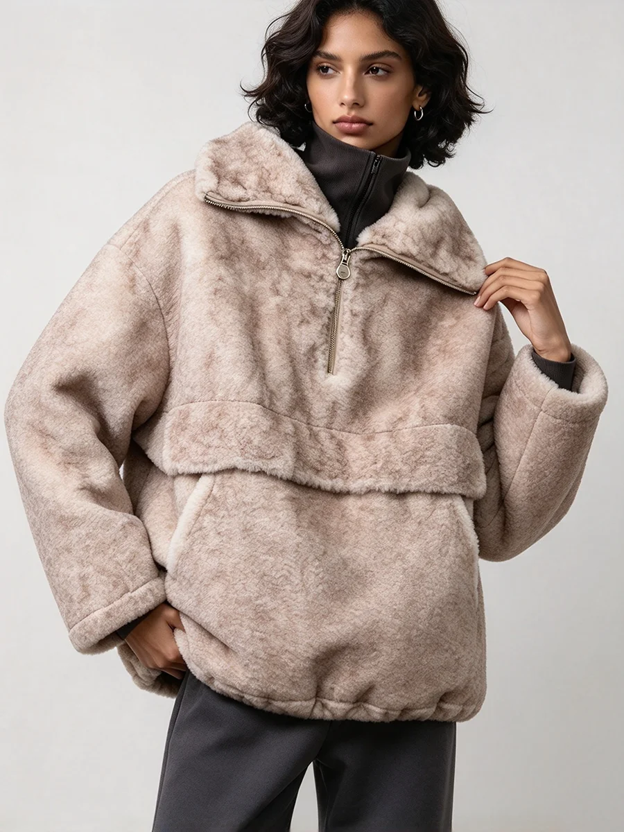 LIMO Ladies Sherpa Fleece Oversized Half Zip Top Warm Lapel Winter Outerwear