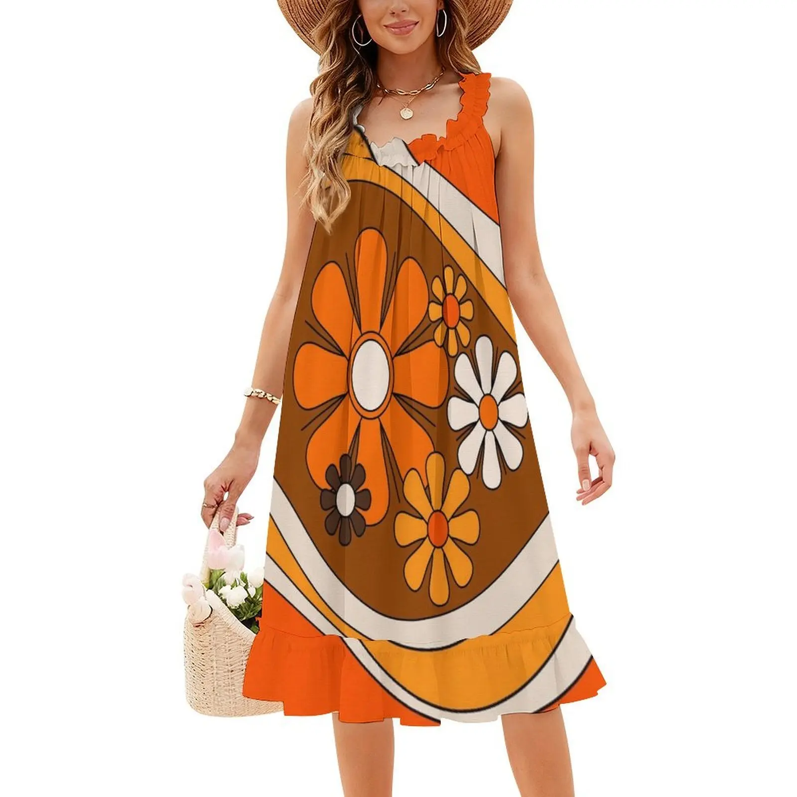 الأزهار Daydream نمط الرجعية في 70S البرتقالي والبني المرأة فستان الحفلات الأنيقة ألف خط فستان مع قصيرة/طويلة/أكمام #4