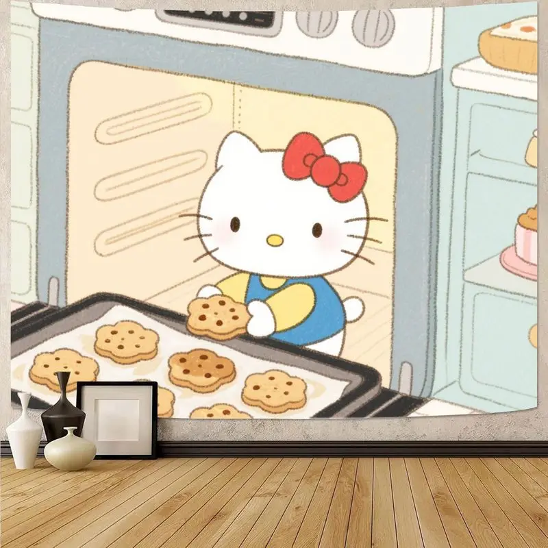 

1PC Sanrio Hello Kitty Baking Cookies Tapestry, Kawaii Kitty with Oven Fresh Cookies Wall Art, Polyester Aesthetic Bedroom Dorm