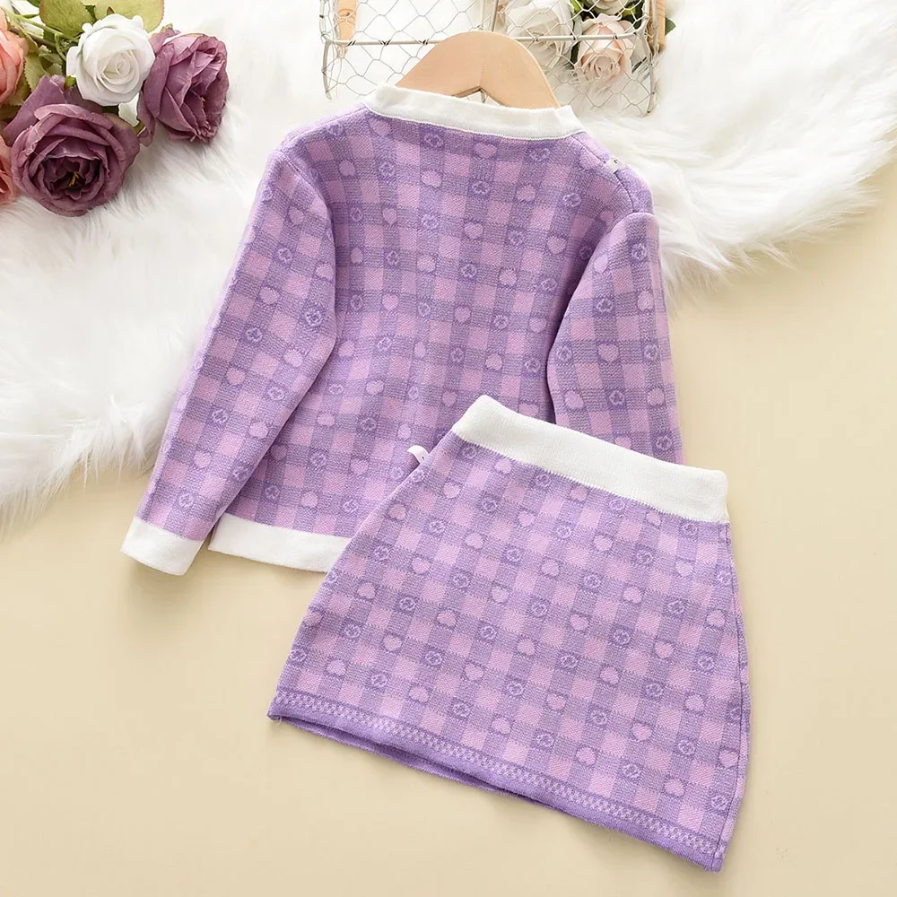 Autumn and Winter Girls Clothes Checkered Love Printed Sweater Sets Single Breasted Cardigan Top+bow Skirt kids clothes