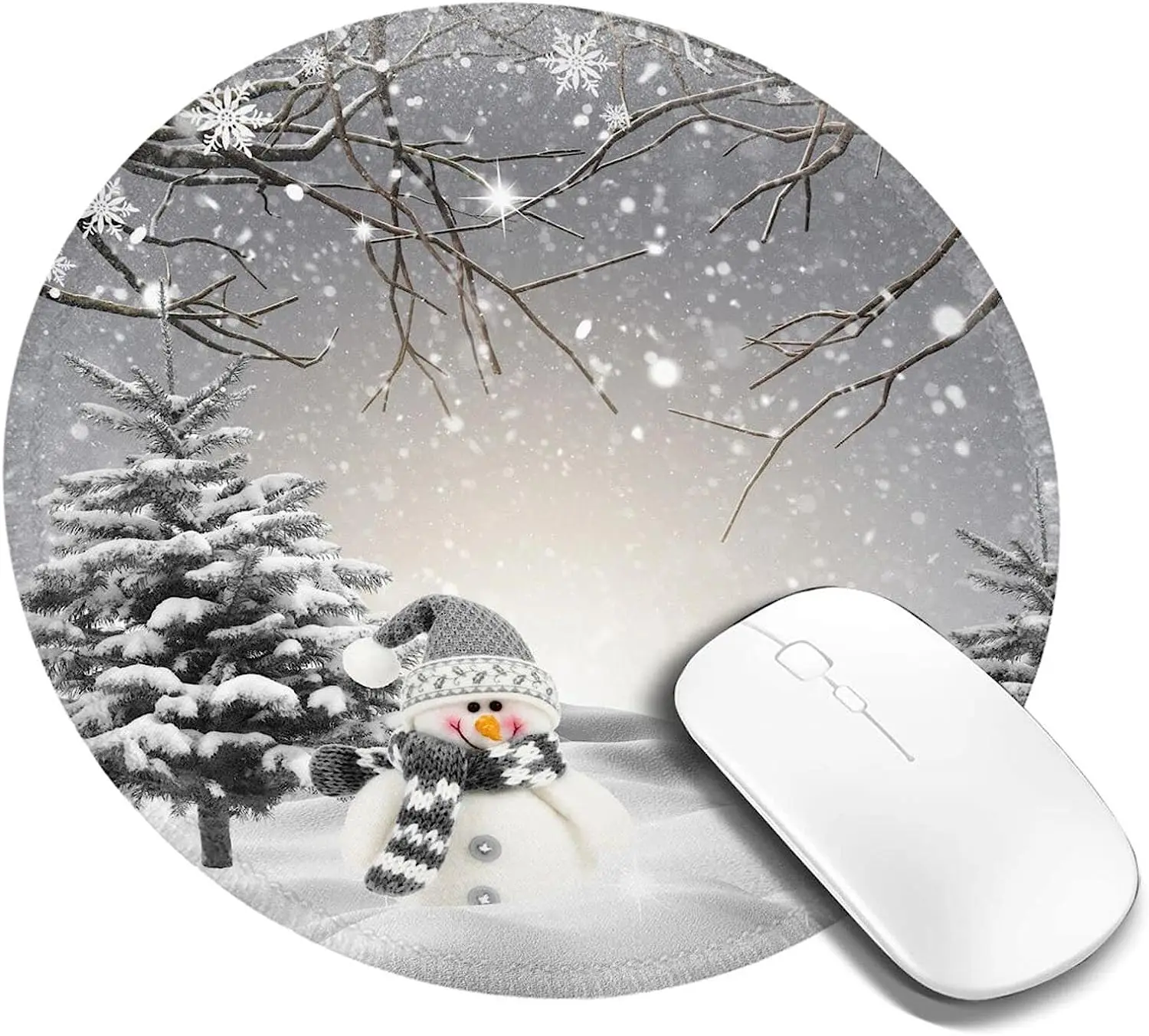 Round Mouse Pad Winter Cute Snowman Snowflake Scene Personalized Gaming Mouse Mat Non-Slip Mousepad for Laptop Home 7.9x7.9 Inch