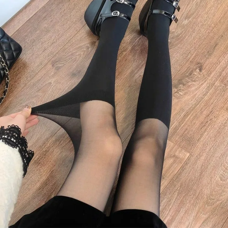 Spring Summer Sexy Black Spliced Silk Stockings Women JK Pantyhose Patchwork Fake Knee High Socks Ladies Tights Nude Leggings