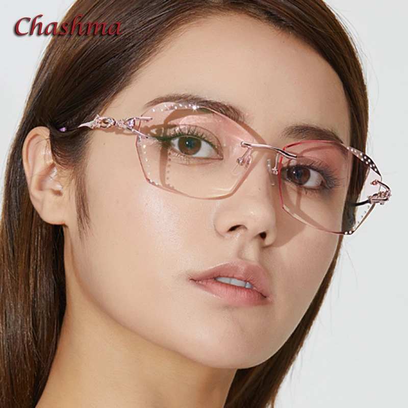 Women Myopia Eyeglasses Rimless Titanium Tint Sunglasses Prescription Lenses for Reading Stones Gradient Color Multifocal Glass