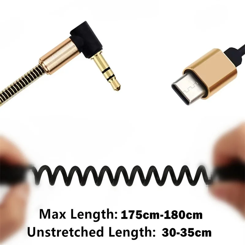 Spring Spiral Coiled USB C to 90 Degrees 3.5mm Extension Headphone Audio Aux Jack Stereo Cord Car Cable for Smartphone Device