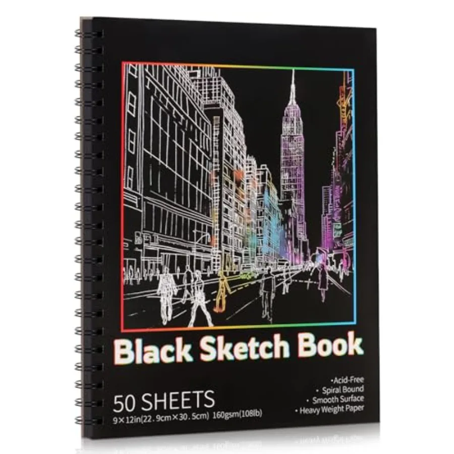 

50 Sheets Black Paper Sketchbook, 08 lb/60gsm Heavyweight Black Sketch Pad 9×, Acid-Free Drawg Paper, Spiral Bound Sketch Book
