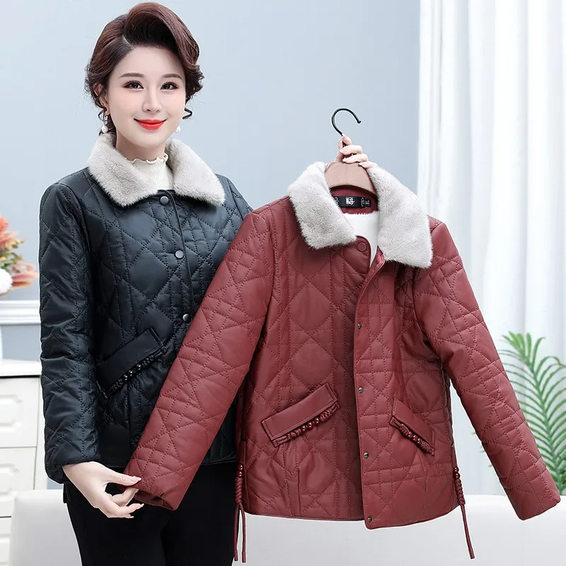 Fashion Autumn Winter Women Leather Jacket Middle Aged Velvet Warm Leather Cotton Coat  No Washing Outerwear Casual Female Tops