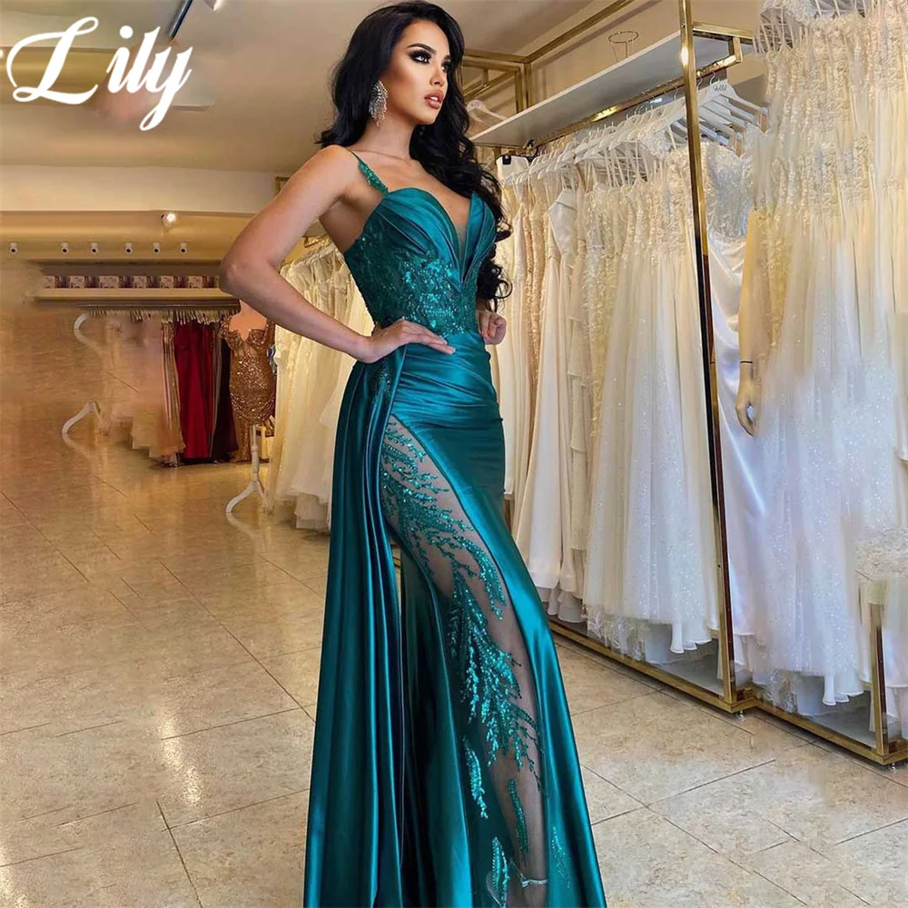 Lily Elegant Green Party Dress Stain Sweetheart Prom Dress Spaghetti Strap Pleats Trumpet Occasion Dress with Lace فساتين سهرة