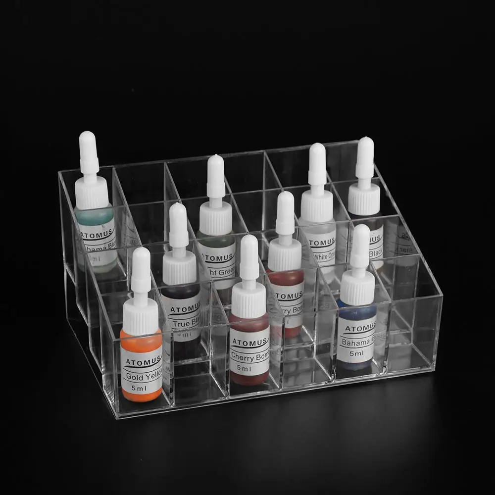 Permanent Makeup Acrylic Tattoo Ink Cup Clear Crystal Box Makeup Pigment Cups Caps Storage Container Rack Holder Stand 24 Holes