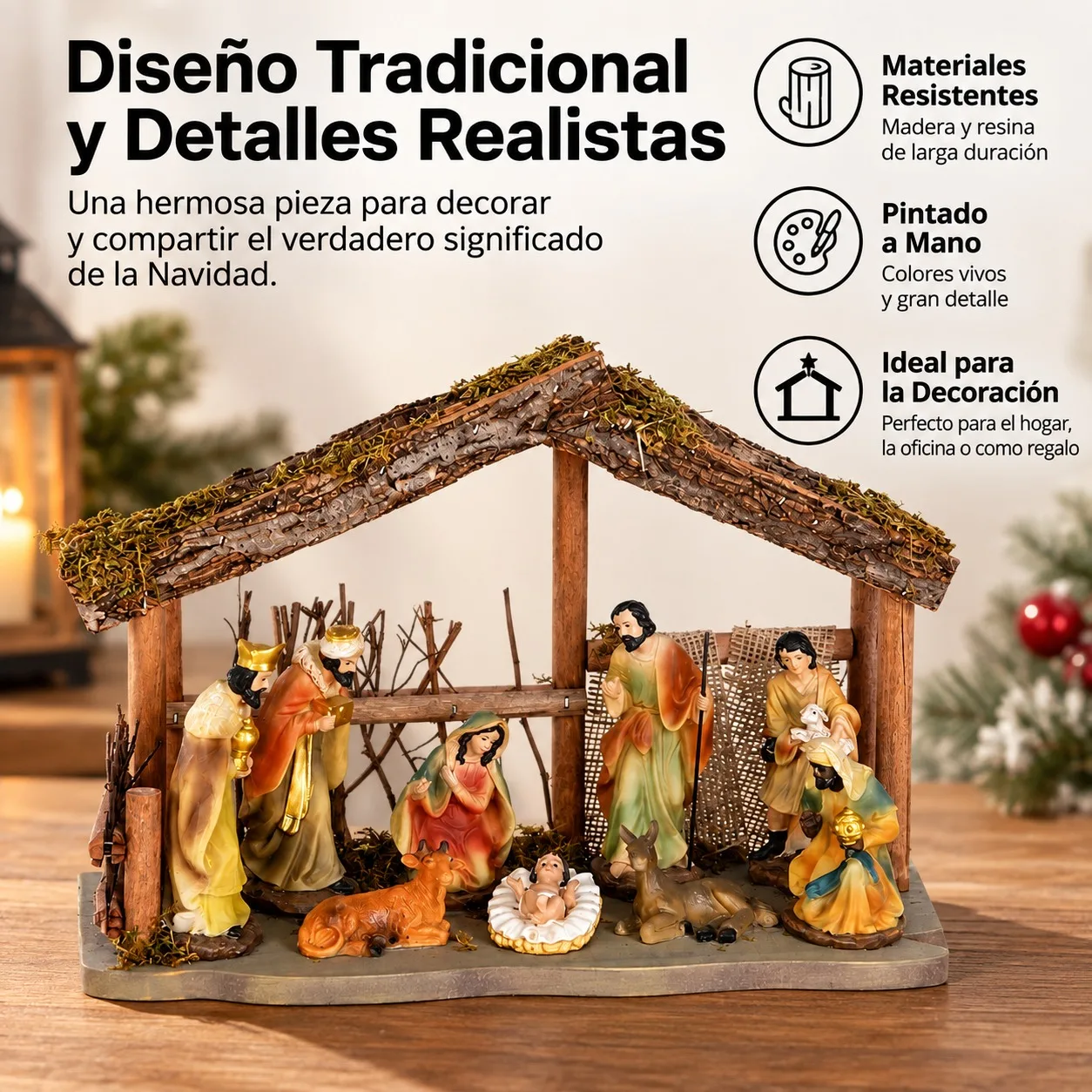Presepe natalizio completo con figure dipinte a mano e stalla in legno con corteccia naturale, decorazione natalizia classica per la casa e la chiesa, 35x14x23 cm, stile rustico tradizionale.