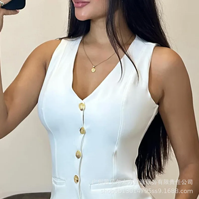 White Sleeveless Slim-fit Vest Shorts Set for Women