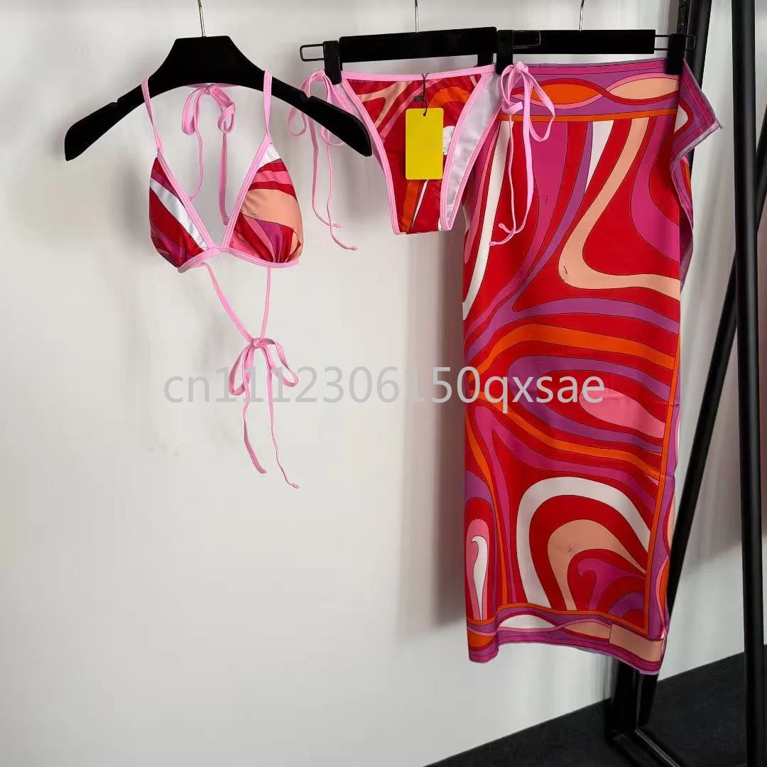Women's Red Scarf Bikini Sets with Letter Signature Logo Lady Sexy Headband Swimsuits Beachwear
