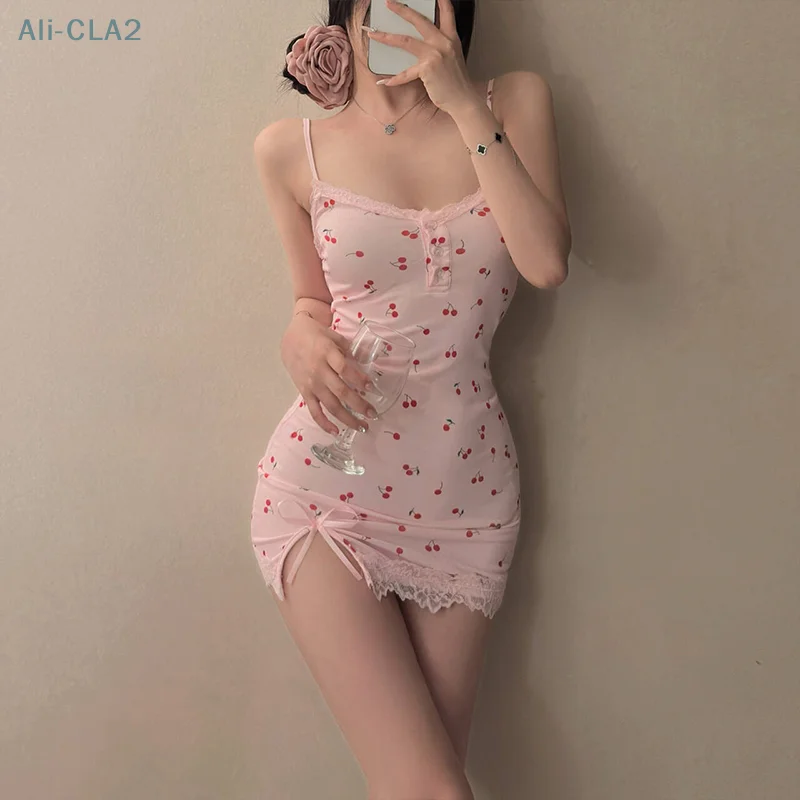 Summer Cherry Pattern Printed Nightgown Suspender Pink Women\'s Sleep Dress