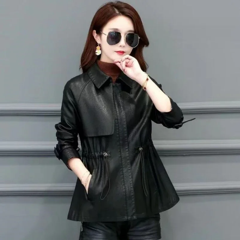 M-4XL New Women Sheepskin Trench Coat Spring Autumn Fashion Turn Down Collar Long-sleeve Drawstring Loose Leather Jacket Female