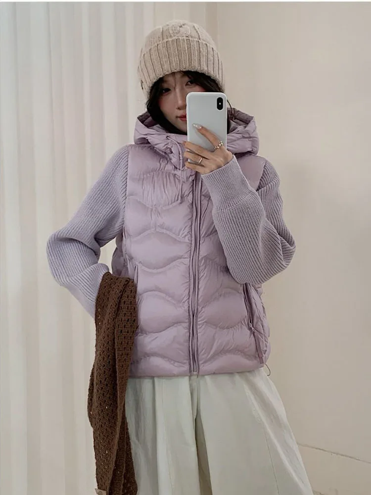 Solid Knitted Long Sleeve Cotton Jacket Autumn Winter Hooded Lightweight Warm Puffer Jackets Female Zipper Short Padded Parkas