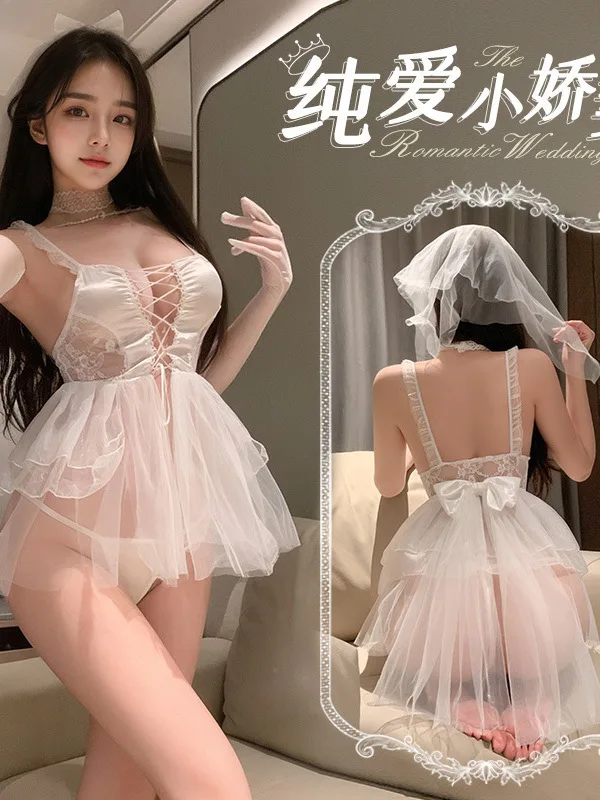 Ozdoba z łańcuszka z koralików, pasek, odsłonięta row, suknia ślubna panny młodej elegancka śpiąca erotyczna biała słodka siateczka koronkowa przezroczysta 6GFP