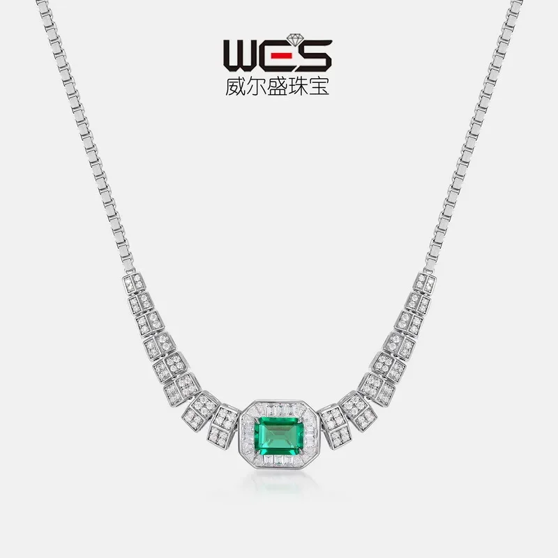 New Cultured Emerald Evening Chain Pendant 18K Gold Inlaid with Colored Baby Stones PT950 Platinum Necklace