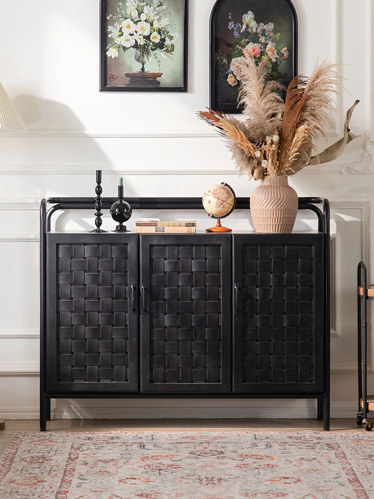 American style foyer cabinet, retro entry rattan woven solid wood shoe cabinet, home black dining cabinet,