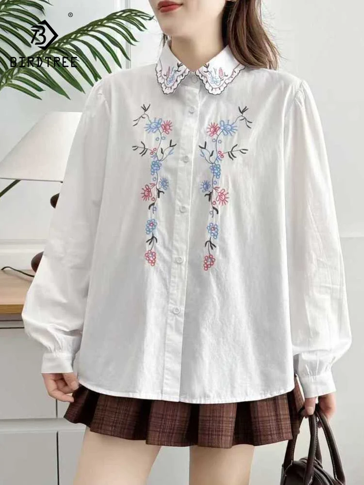 

Новая женская хлопковая рубашка с длинным рукавом Весна 2026, с отложным воротником и вышивкой, в стиле Mori Girl, шикарная, в стиле преппи, свободная блузка T63651CC
