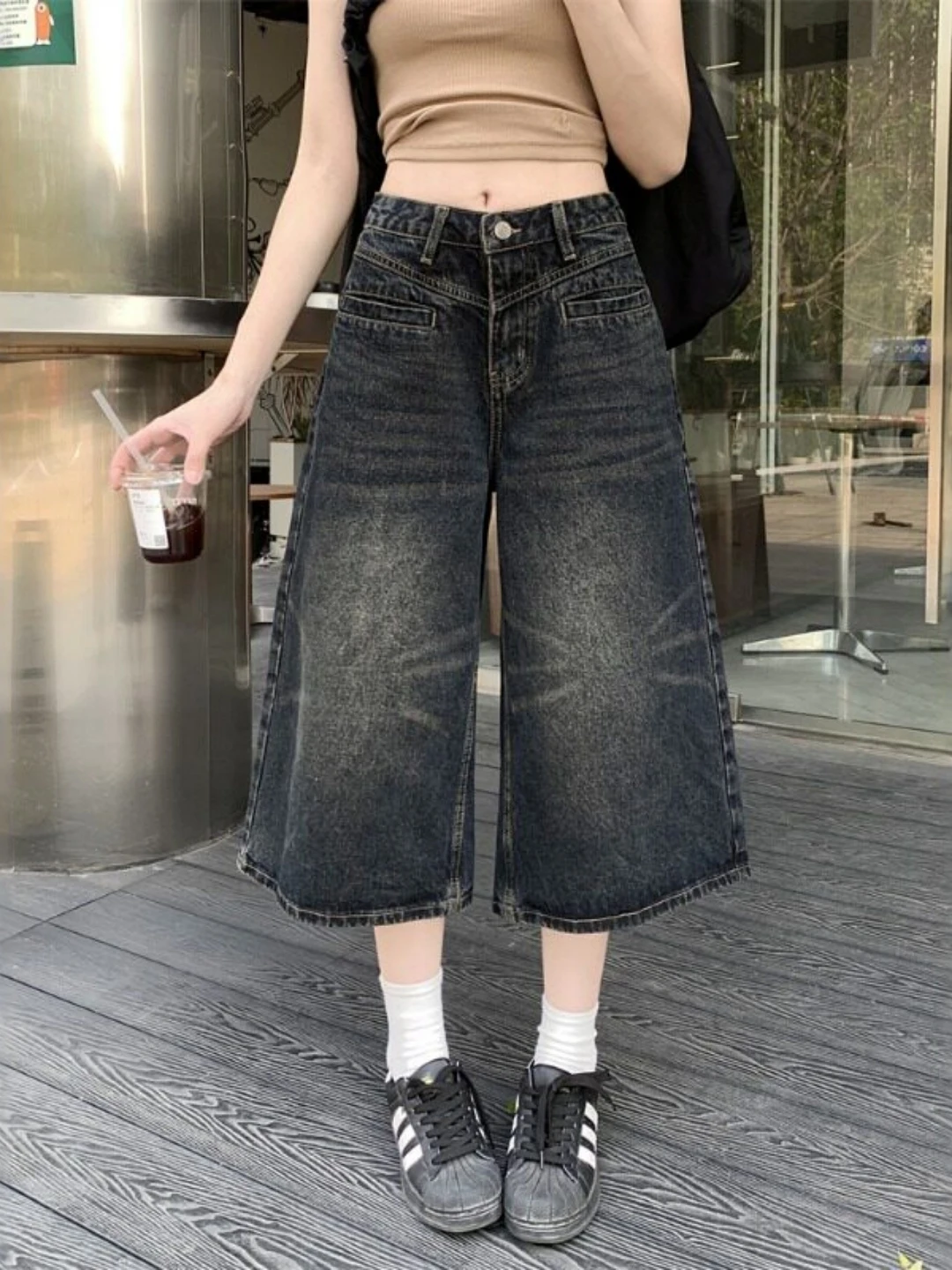 

Retro Distressed Wide Leg Denim Jeans Women's Summer New plus Size Slimming Loose Straight Leg Trousers Commute Style High Waist