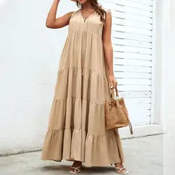 Casual Dress Women Ruffle Collar V-Neck Sleeveless Summer Dress Stitching Pleated Large Hem Women Maxi Dress Female Clothes